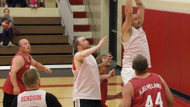 From left are Nate Granlund, Kyle Bendson, Dan Lund, Jeff Brever (behind Lund), Chris Markus and Dustin Hjelmeland.