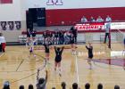 Members of the Staples-Motley volleyball team cheered after scoring another point during their second game against the New York Mills Eagles Sept. 21. Pictured at their home court, from left, are Maggie Claussen, Jayce Kobliska, Emilya Case, Bo Erholtz and Leah Bestland. (Staples World photo by Dawn Timbs)