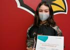 Arabella Moore, an eighth grader at Staples-Motley Middle School, was the second runner-up at the Virtual Regional Spelling Bee hosted by Sourcewell in Staples. She had previously taken first place at the District Spelling Bee, organized by Dawn Weite, teacher at Staples-Motley.  In addition to her certificate, Moore received a glass trophy following the competition. (Staples World photos by Dawn Timbs)