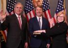 Rep. Michelle Fischbach (right) joins her husband, Scott Fischbach (center), and House Republican Leader Kevin McCarthy (left) on Sunday, Jan. 3, as Fischbach was sworn in as the new congressional representative for Minnesota District 7.