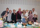 Special Ed. teacher Laurie Paskewitz and 4th grade teacher Jennifer Sapp were honored at a Hawaiian-themed retirement party May 7, at Staples-Motley Elementary School.  At top are members of Paskewitz’s family. From left, her son, Colton; grandson, Levi; daughter-in-law Nikki; daughter, Lindsay; husband, Lee; Laurie holding grandson, Preston; daughter-in-law Katie; son, Alek; grandson, Wesley.