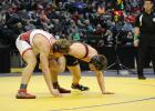 With the entire arena watching, Alex Erpelding grabs a leg in the 160 pound championship match at the state wrestling tournament. (Submitted photos)