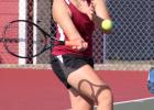 Kelsie Weite returns a shot during the doubles tournament on Aug. 24. (Staples World photo by Mark Anderson)