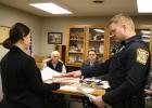 Josh Pesta, Motley Police Officer, took the oath of office Feb. 11, at the Motley City Council’s regular meeting. Also pictured, from left, are Lacey Smieja, City Clerk/Treasurer who led the oath of office; council member Pat O’Regan; and Mayor Al Yoder. Officer Pesta began his duties with the Motley Police Department on Feb. 4. (Staples World photo by Dawn Timbs)
