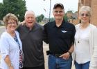 Maryann and Jerry Riewer, with Mike Snook and wife Lori, when they visited downtown Staples on July 14. The Riewers reminisced with Snook about bringing him to Staples to turn his life around and finish high school. (Staples World photo by Mark Anderson)