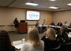 Alicia Bauman (at podium), Community Health Director at Lakewood Health System, shared about the ways Lakewood has been working to address food insecurity during the Blue Cross Trailblazer Tour stop at Lakewood June 6.  Lakewood was recognized by Blue Cross and Blue Shield of Minnesota for its Food Access Initiatives which have been shown to reduce ER visits, improve quality of life and improve mental health. (Staples World photo by Dawn Timbs)