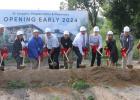 Throwing the first shovels of sand at the Essentia Health-St. Joseph’s Clinic groundbreaking in Staples on June 28, from left, Nathan Hamilton, Human Resources, Ryan Turner, DSGW Architecture, Melissa McKay, Regional Nursing Director, Tony Kaufenberg, Vice President Pharmacy, George Loban, Ron Murray, Staples Mayor, Dr. Christopher Metz, Orthopedics, Haley Faynik, Physician Assistant, Sandy Zutz-Wiczek, Vice President, Clinic Operations, Jon Neubauer, Facilities Manager, Mitch Feierabend, Hy-Tec Constructio