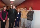 A few current Cardinal Speech Team members chatted with speech alumni at the home speech meet Feb. 21. From left are current members Kai Bestland, Joshua Cushing and Lydia Tkalcich; and speech alum Caden Mrazek and Jonah Johnson, both past state speech champs. (Staples World photo by Dawn Timbs)