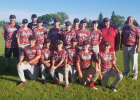 Babe Ruth 13U team after a game this season. Front row from left, Logan Martin, Wesley Parker, Jack Carlson, Griffen Bettis, Dylan Lawrence; middle row, Hayden Rutherford, Carson Trantina, Andrew Salcido, Eli Smith, Kevin Miller, Brayden Salcido and Ben Tyrrell; back row, coaches JR Bettis, Brian Smith, Corey Lawrence and Jim Tyrrell.  Not pictured: Hayden Rychner. They play their first state tournament game Thursday, July 18. (Submitted photo)